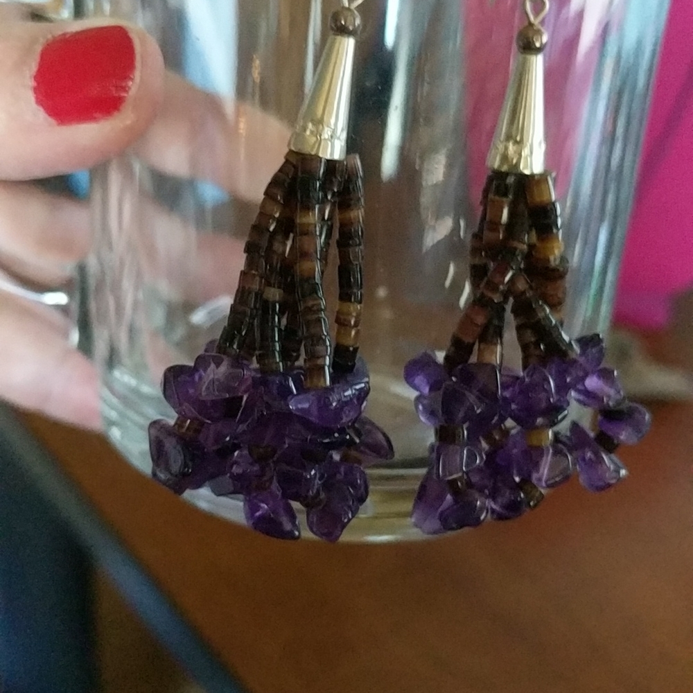 Native American Amethyst Stones & Heishi Dangling Earrings